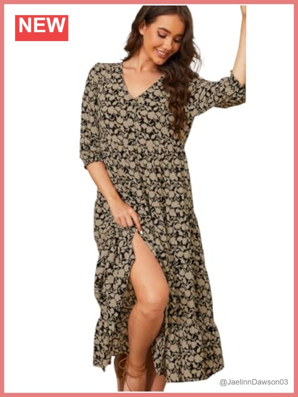 Womens Casual V Neck Flowy Boho Midi Dress Puff Sleeve Button Front